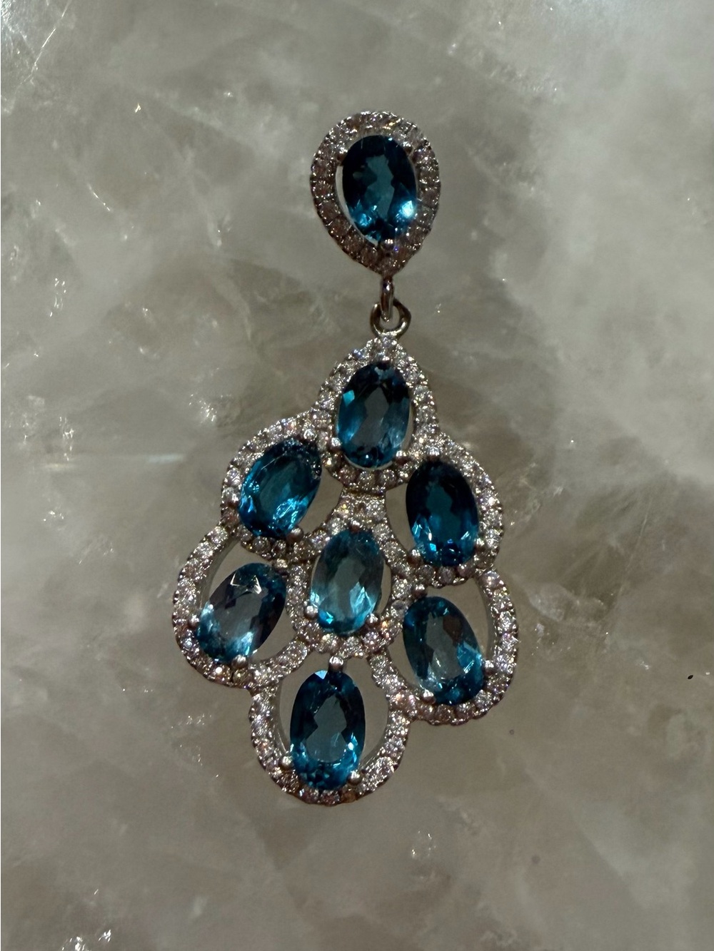 Elegant Blue Gemstone Cluster Drop Pendant / Slide in Sterling Silver 1.5" L 1"W